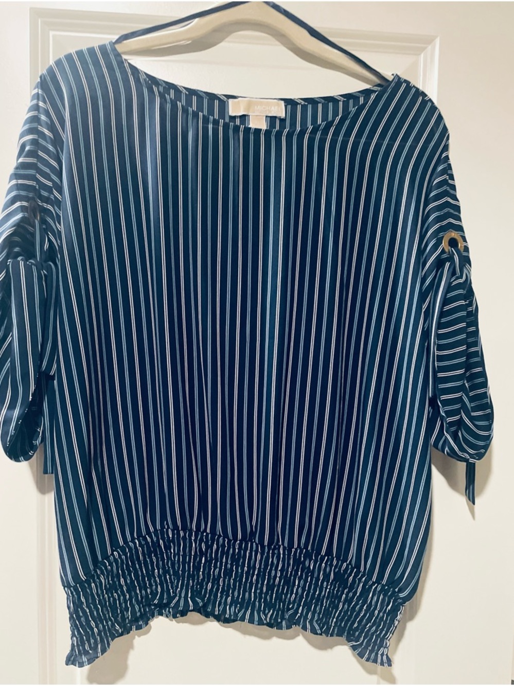 Michael Kors Navy and White Pinstripe Smocked-Hem Blouse